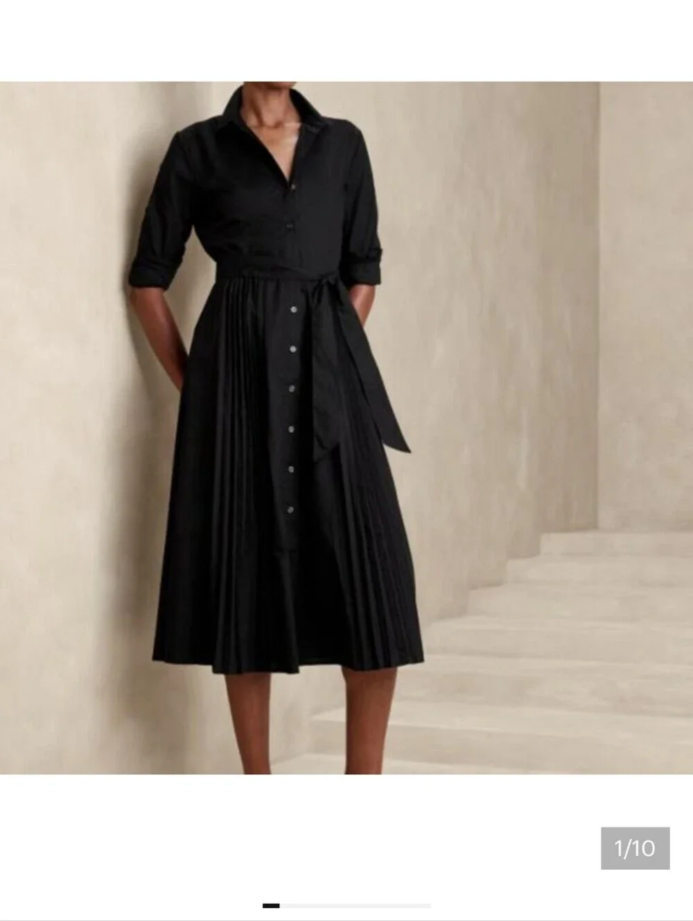 Banana Republic Black Pleated Midi Shirtdress with Tie Belt